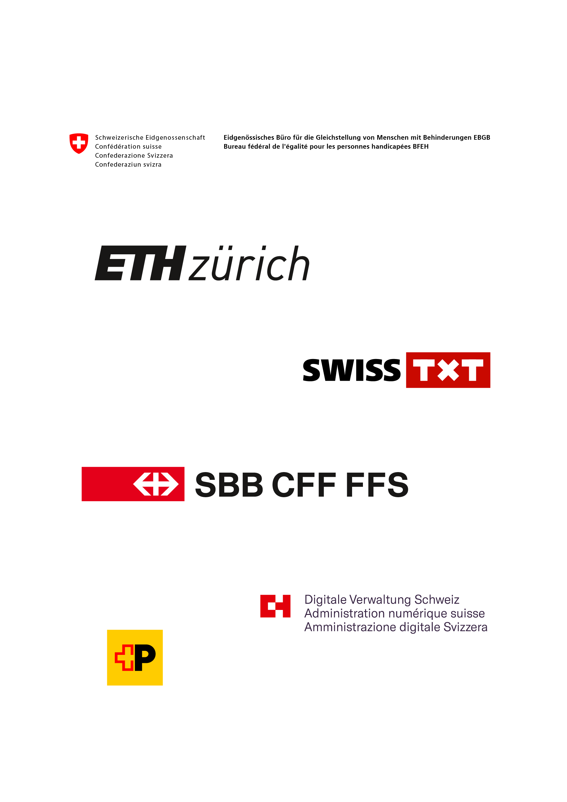 Organisation: Bureau fédéral de l’égalité pour les personnes handicapées, EPF Zurich, SWISS TXT, Poste CH, CFF, Administration numérique suisse